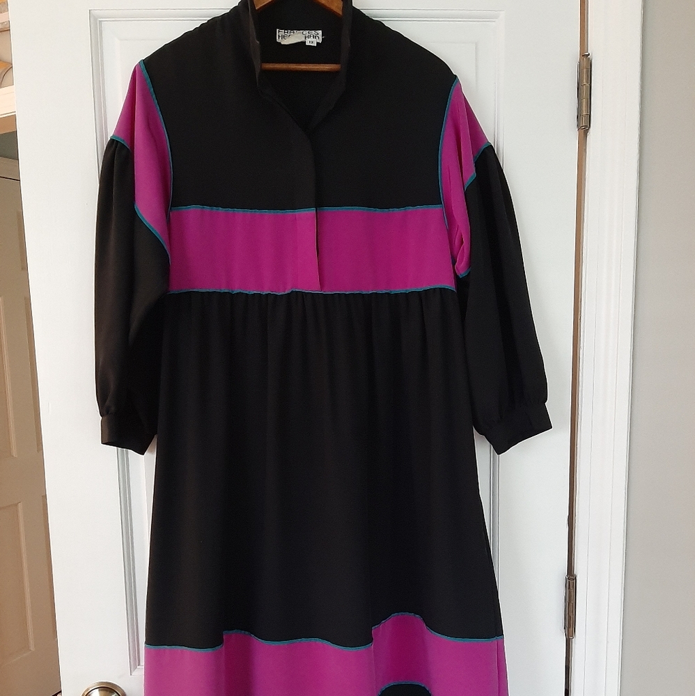 Black and Magenta Colorblock Maxi Dress with Teal Accents